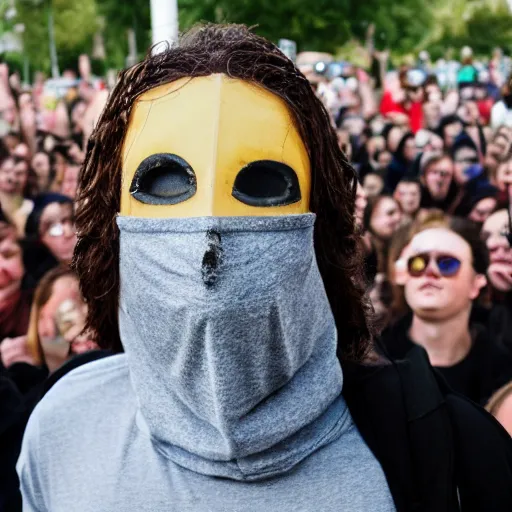 Image similar to Jesus in balaclava mask raving in a huge crowd