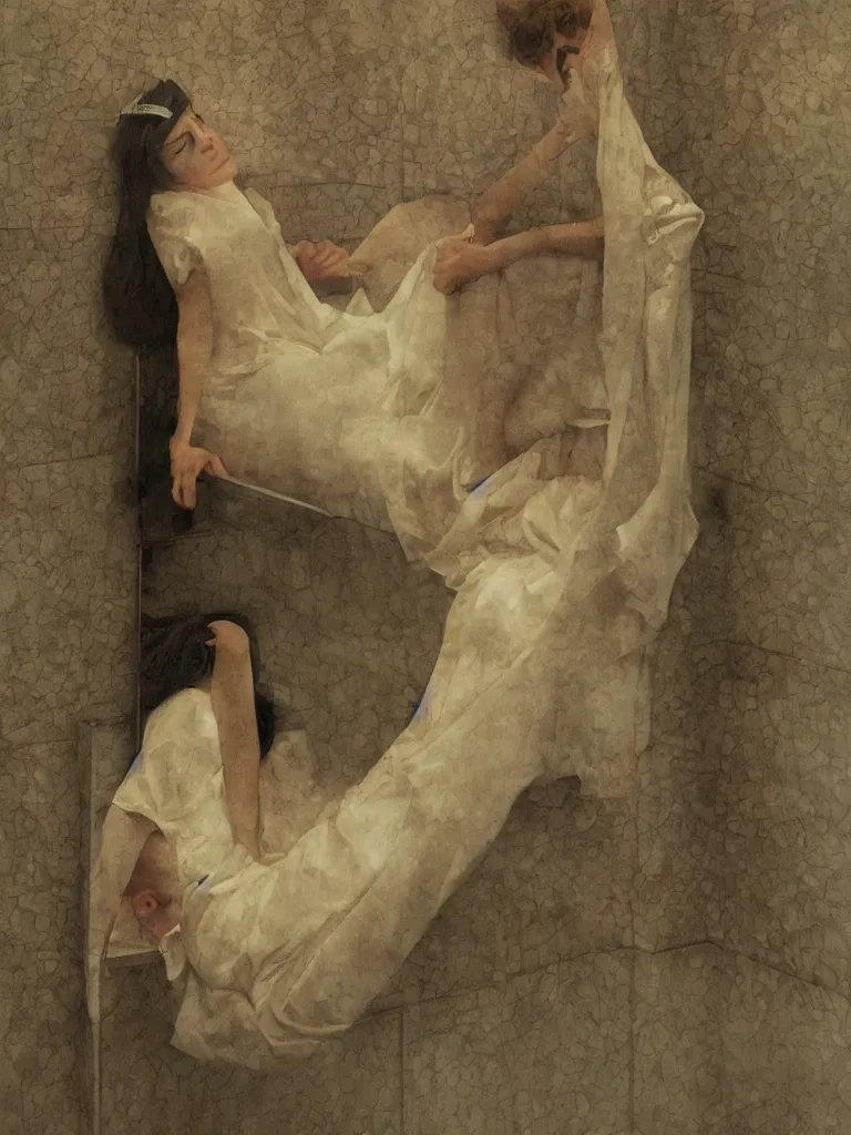 Image similar to glitched photo of a woman sleeping in a public bathroom by J. C. Leyendecker and Edmund Blair Leighton and Charlie Bowater, Beksinski painting