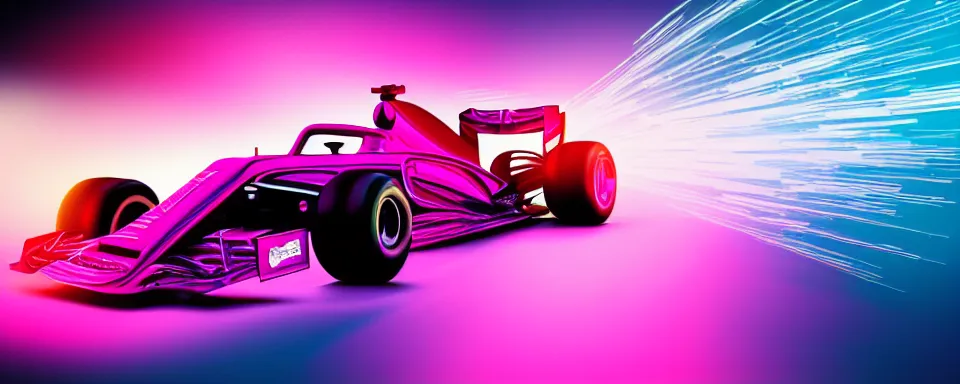 Image similar to abstract illustration of a formula one car, synthwave, purple and pink, motion blur, light streaks, octane render, depth of field