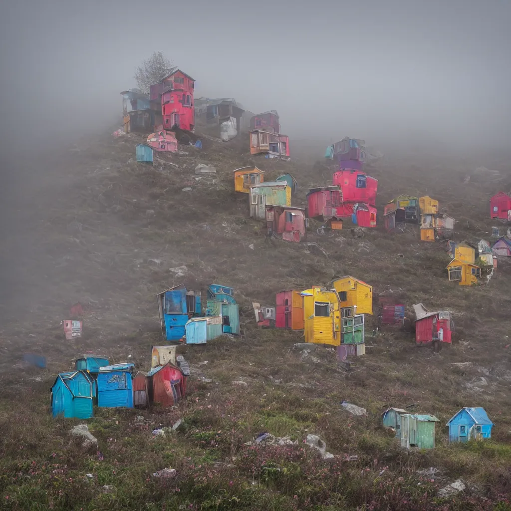 Image similar to two towers, made up of colourful makeshift squatter shacks, uneven fog, dystopia, sony a 7 r 3, f 1 1, fully frontal view, photographed by jeanette hagglund