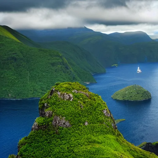 Image similar to high resolution camera capture of a a verdant large island with fjords and mountains