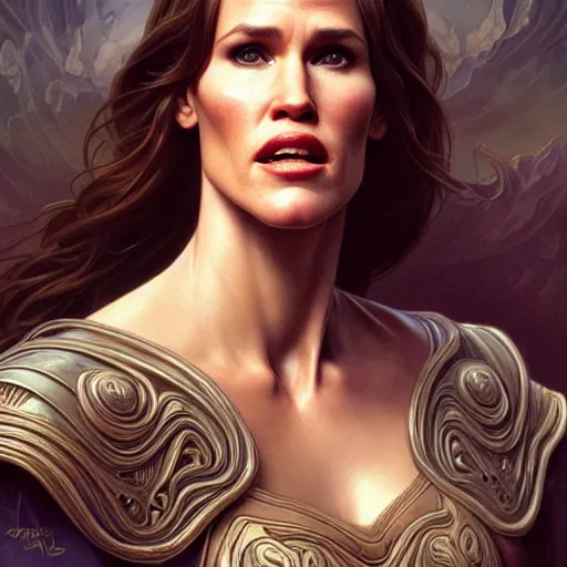 Image similar to jennifer garner as a horse, intricate elegant, highly detailed, digital painting, artstation, concept art, smooth, sharp focus, illustration, art by ( ( ( artgerm ) ) ) and greg rutkowski! and ( ( alphonse mucha ) ), heavily influenced by frank frazetta and boris vallejo, sword and sorcery