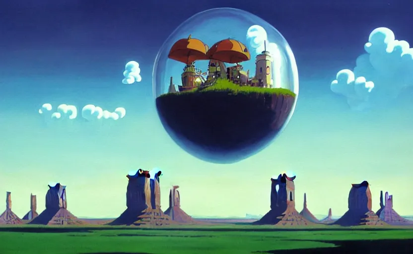 Image similar to a scary hyperrealist painting of a rocketship in a giant transparent cubic bubble from howl's moving castle ( 2 0 0 4 ) in a flooded monument valley stonehenge jungle. depth perception, 4 k, artstation, in the style of studio ghibli