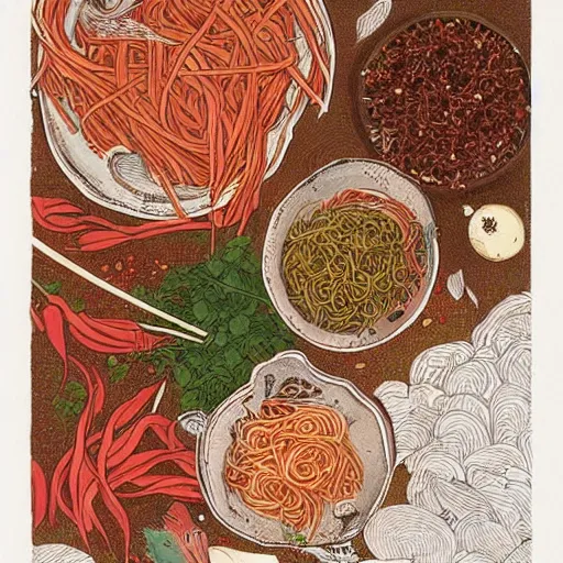 Prompt: sichuan noddles, very spicy, chili pepper, spices, by victo ngai