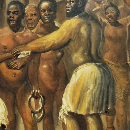 Image similar to painting of black slaves being freed from chains and shackles, detail, lighting