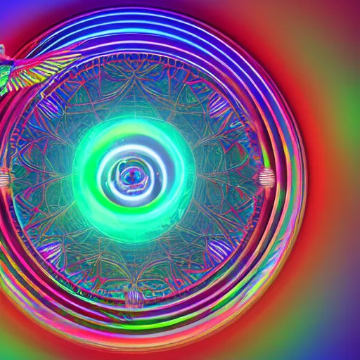 Image similar to still of rainbow ophanim surrounded by large diagonally rotating rings, wings, mythological, biblical, 8 k, octane render, 3 5 mm, amazing details, beautiful composition