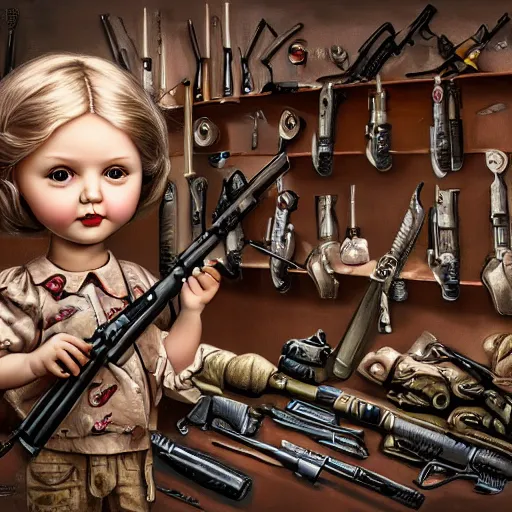 Image similar to doll next to weapons, hand grenades, rpg, by mark ryden, breathtaking, 8 k resolution, extremely detailed, beautiful