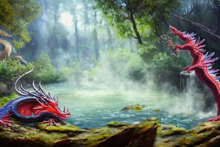 Image similar to highly detailed oil painting of a crytal dragon sitting in a steaming colorful hotspring with woodland forest backdrop, featured on artstation