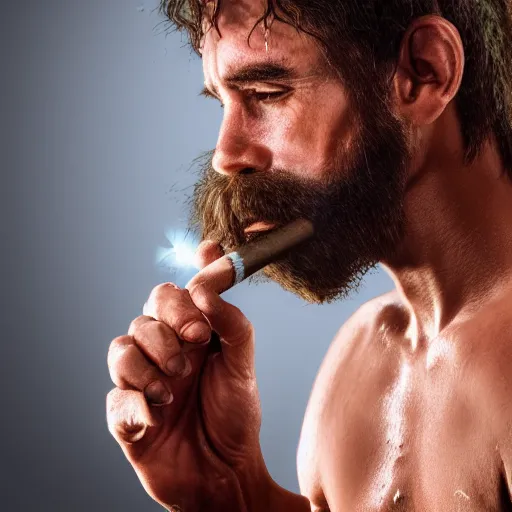 Image similar to realistic photo portrait of a prehistoric man smoking weed, volumetric lights, trending on artstation, studio photo, intricate details, highly detailed