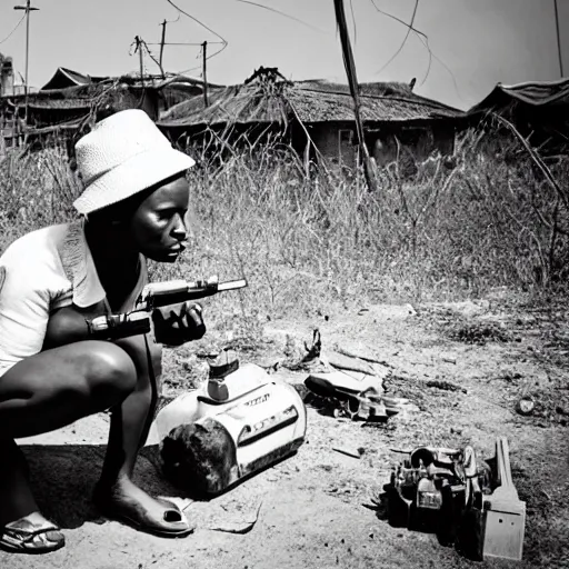 Image similar to photo of beautiful African woman inspecting laser gun, tools and junk on the ground,wires with lights, old village in the distance, vintage old photo, black and white, sepia