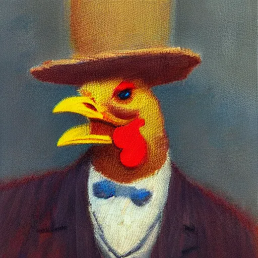 Image similar to a high quality photo of a chicken wearing a suit, impressionism, 8 k