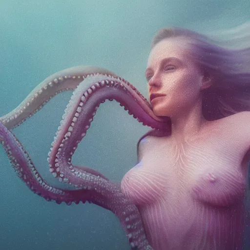 Prompt: kodak film, symmetrical balance, soft blur light, volumetric lighting, highly detailed, britt marling style 3 / 4, a octopus woman in the water in style o f annie leibovitz, highly detailed, interstellar outdoor soft pastel mute colors scheme, hyper realistic, photo realistic