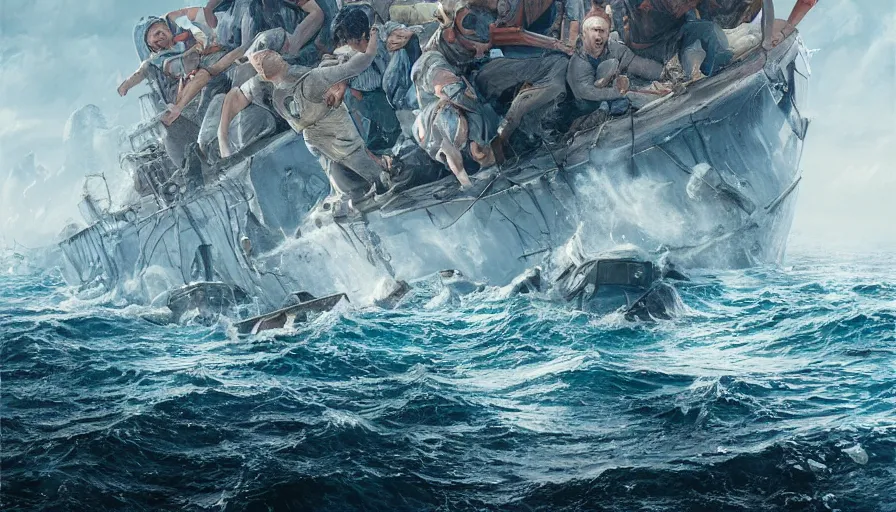 Image similar to people trying to survive sinking boat, movie poster, hyperdetailed, artstation, cgsociety, 8 k