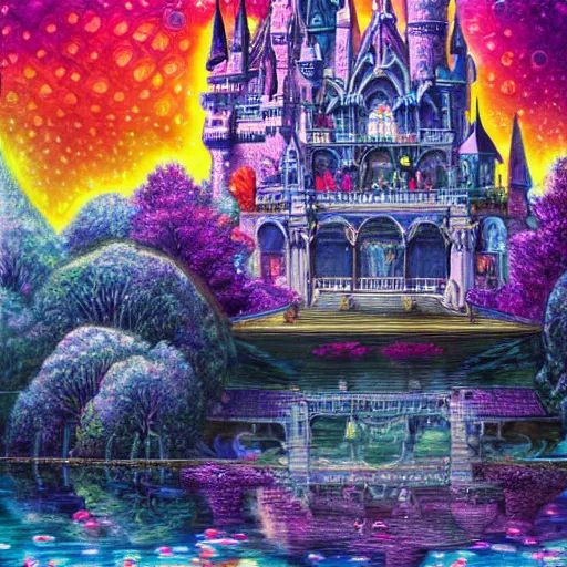 Image similar to a gigantic tall towering surreal elaborate sparkling gothic stone castle built over a lake on a bright sunny day, illustration by Ayami Kojima, Lisa Frank coloring, concept art, hyperdetailed, 4k