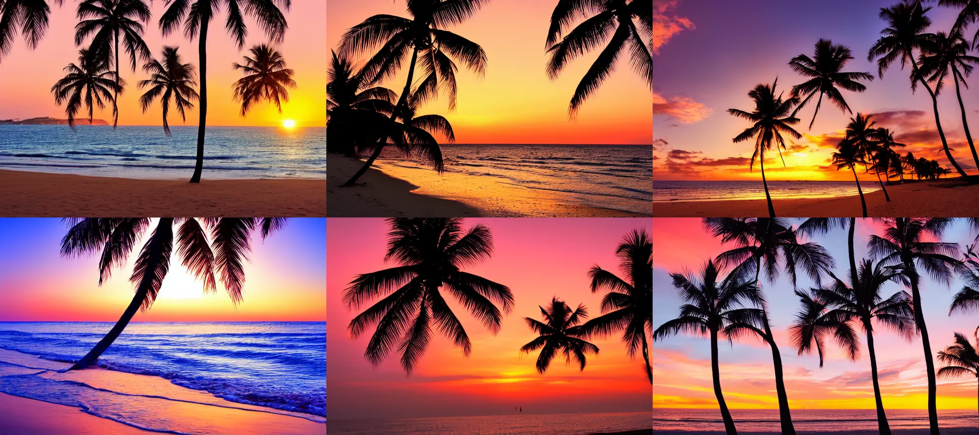 Image similar to Beach with ocean and palm trees at sunset, golden hour, crimson gradient