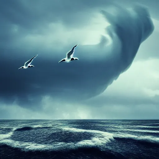 Image similar to a tornado!! made of seagulls, windy, cloudy, realistic reflections, cinematic lighting, fine details