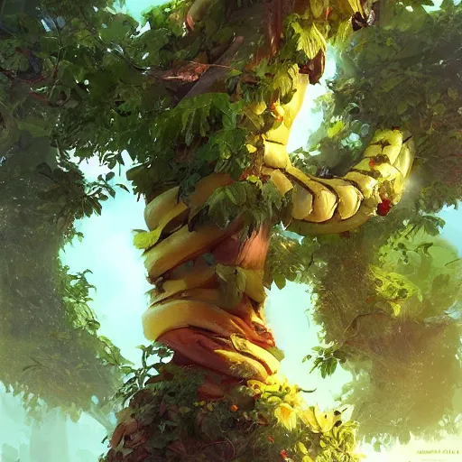 Image similar to tree that looks like banana, made by stanley artgerm lau, wlop, rossdraws, james jean, andrei riabovitchev, marc simonetti, yoshitaka amano, artstation, cgsociety