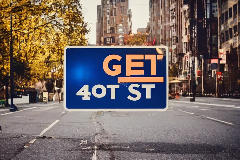 Prompt: a city street sign that says Get Out, photo, 4K