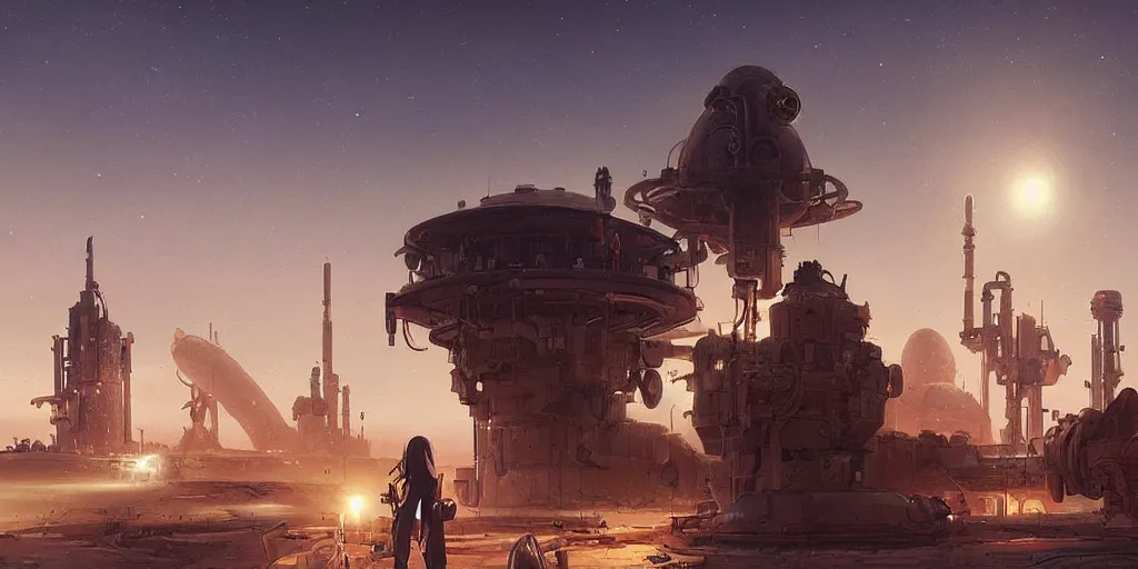 Prompt: anime spaceport in desert steampunk key by greg rutkowski night ultrahd fantastic details