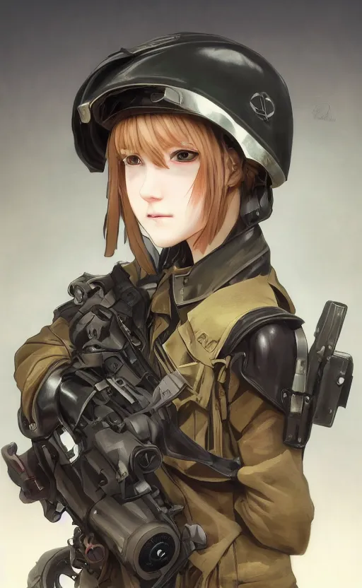 Prompt: a girl, fused aircraft parts, soldier clothing, combat helmet, anime style, long hair, hair down, symmetrical facial features, from arknights, hyper realistic, 4 k, rule of thirds, extreme detail, detailed drawing, trending artstation, hd, d & d, realistic lighting, by alphonse mucha, greg rutkowski, sharp focus, backlit