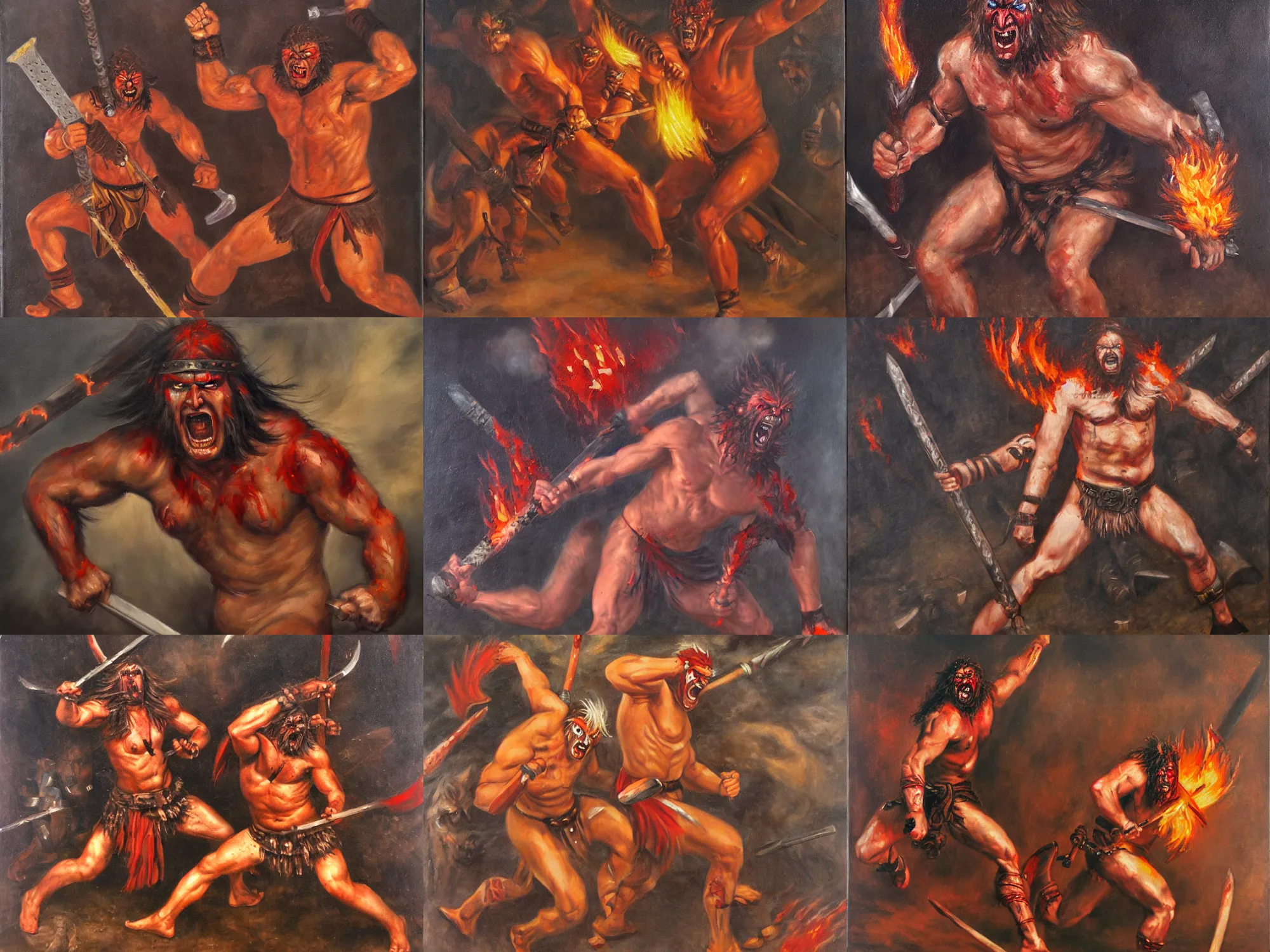 Prompt: male barbarian, rushing towards camera, berserker, burning eyes, rage, heartbroken, violence, oil painting