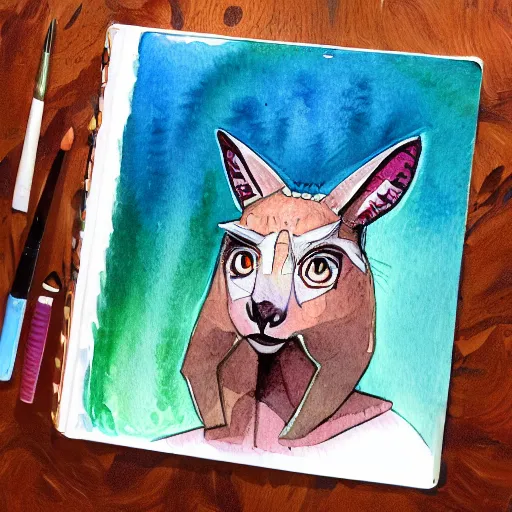 Prompt: watercolor sketch of a story book kangaroo in the style of disco elysium