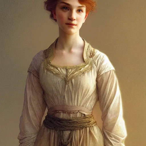 Image similar to Portrait of beautiful pale peasant girl, cinematic lighting, intricate, elegant, highly detailed, digital painting, artstation, smooth, sharp focus, illustration, art by artgerm and greg rutkowski and alphonse mucha and Wayne Barlowe and william-adolphe bouguereau