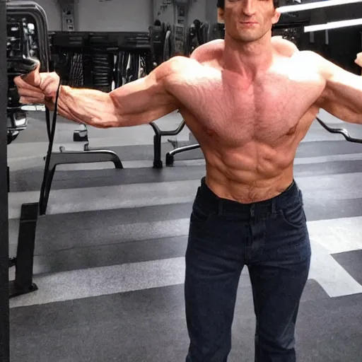 Image similar to gigachad Todd Howard of Bethesda Game Studios showing off his gains