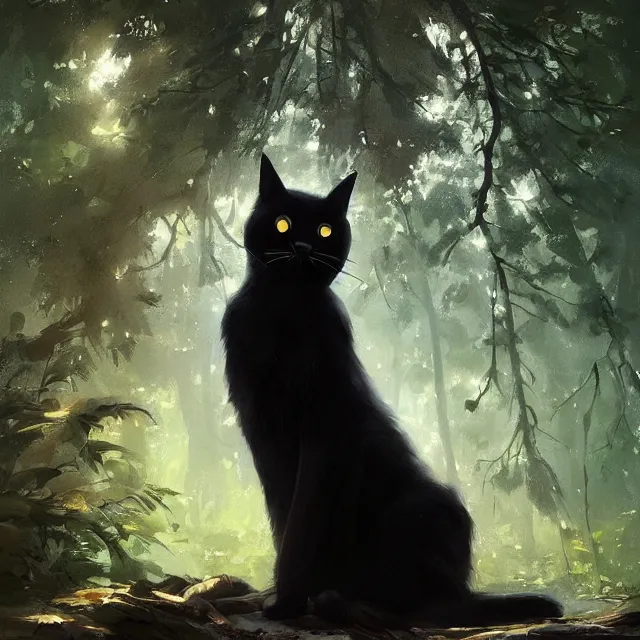 Image similar to a beautiful painting of a cute black cat in a forest. pixar character design by cory loftis, fenghua zhong, ryohei hase, ismail inceoglu and ruan jia. artstation, volumetric light, detailed, photorealistic, rendered in octane