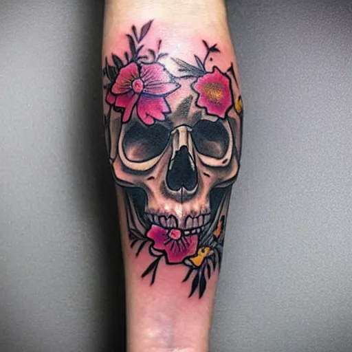Prompt: skull and flowers tattoo