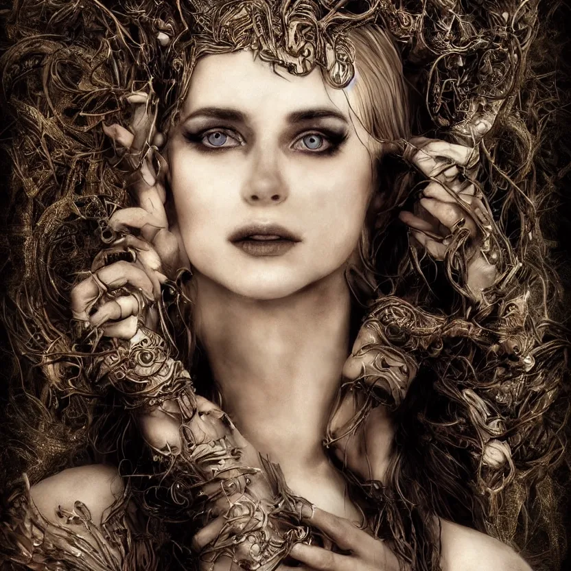 Image similar to mindblowing portrait of the enchantress queen, a stunning timeless beauty, breathtaking eyes, perfect skin, feathered eyelashes, royal gothic dress with a lot of leather, heavy silent hill aesthetic, incredibly intricate, digital art, blender, houdini & photoshop, very elegant & complex, hyper-maximalist, overdetailed, epic cinematic quality, biblical art lighting, photorealistic, lifelike, OLED, DSLR HDR 8k, face is the focus, facial feature symmetry, hyper composed, created by Nixeu & z--ed from deviantart