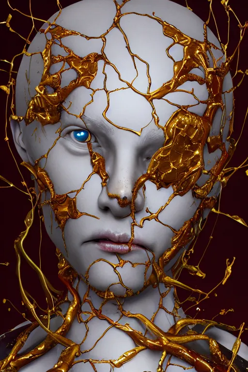 Image similar to realistic 8k digital painting of a stunning intricate cracked multicolored milky marble Evangelion Devil Queen character design Bernini Sculpture. Kintsugi. Gold lining in cracks. by Daytoner, Greg Tocchini, Yoshitaka Amano. sentient mycelium and misty xparticles. Scattered Cherry blossoms Hyperrealism. Subsurface scattering. Octane Render