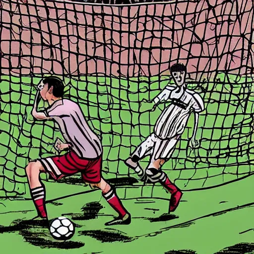 Image similar to a man scoring a goal, soccer, horror, in the style of Junji Ito