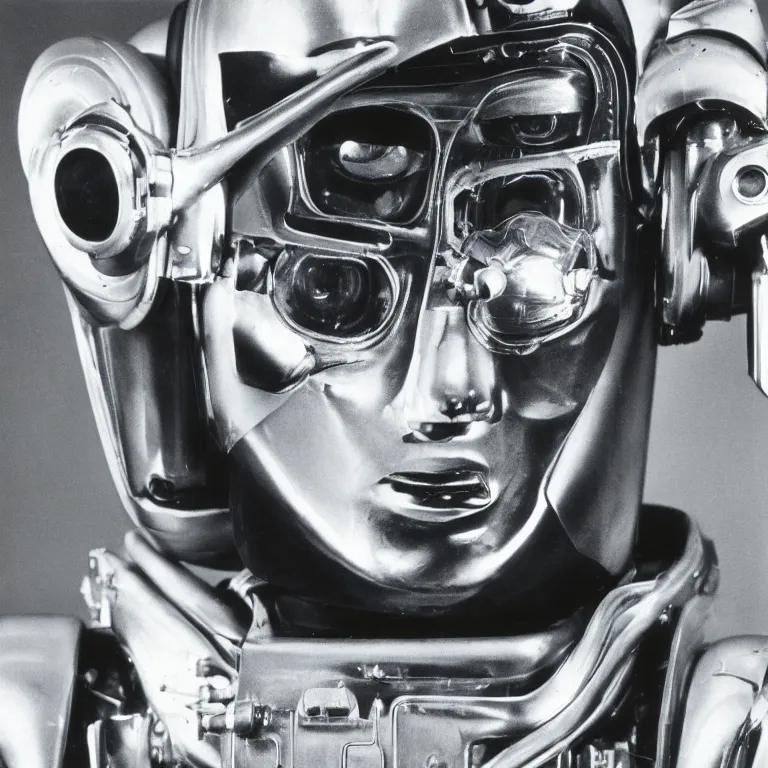 Image similar to 1 9 8 0 s robot super close up portrait, highly detailed, photorealistic, film still, by richard avedon