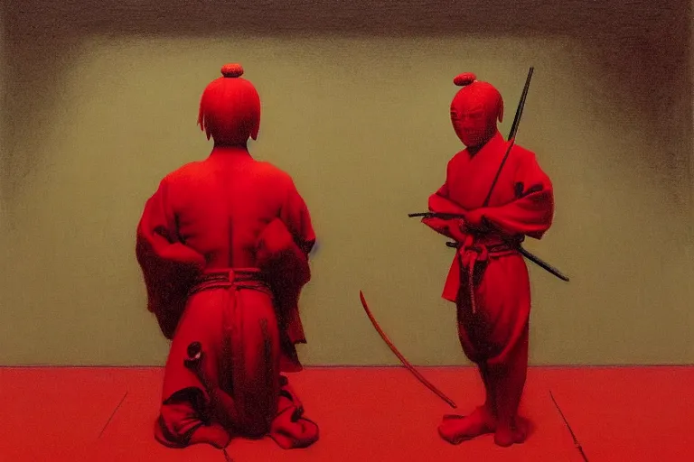 Image similar to only with red, a red samurai do seppuku, tokio, a lot of frogs watch, in the style of beksinski, parts by edward hopper, parts by rodcenko, parts by yue minjun, intricate and epic composition, red by caravaggio, insanely quality, highly detailed, masterpiece, red light, artstation, 4 k