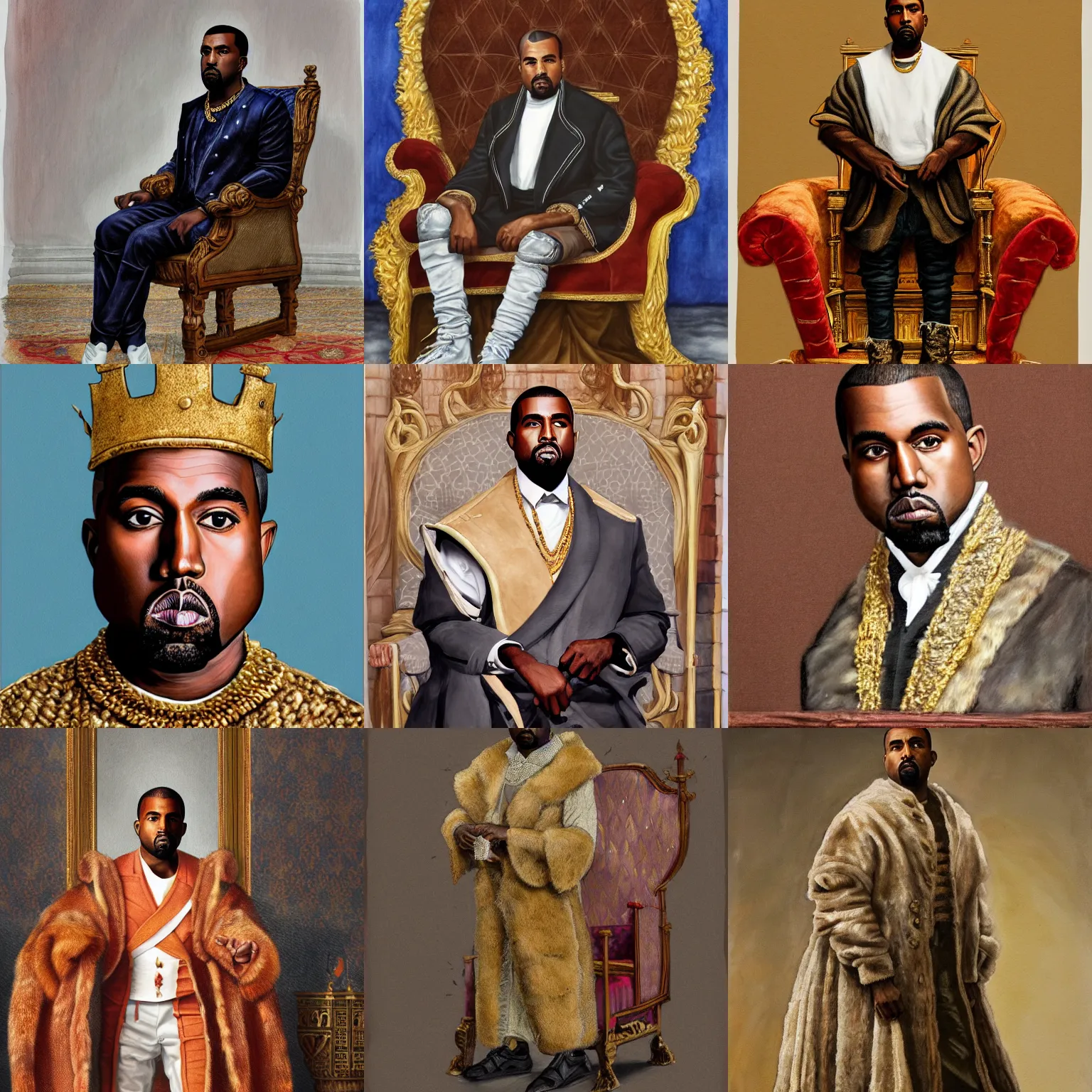 Prompt: hyper realistic painting of kanye west, anthropomorphic royalty standing in a throne room, dressed in a 1800s royal outfit, traditional art, very fine detail and texture, royal workshop, in the art style of beatrix potter, Willem Wissing, watercolor, colored pencil, ink, oil, acrylic, early morning lighting