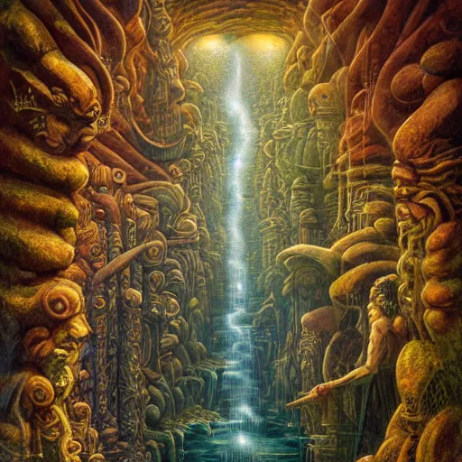 Prompt: small 🌅 the ancient gods ornate amazon rain forest trompe l\'oeil, pastiche by Dan Witz, pastiche by Dan Seagrave, Precise and Intricate Linework, Art Nouveau Cosmic 4k spray painted graffiti featured on 500px ,CGSociety, glitchcore