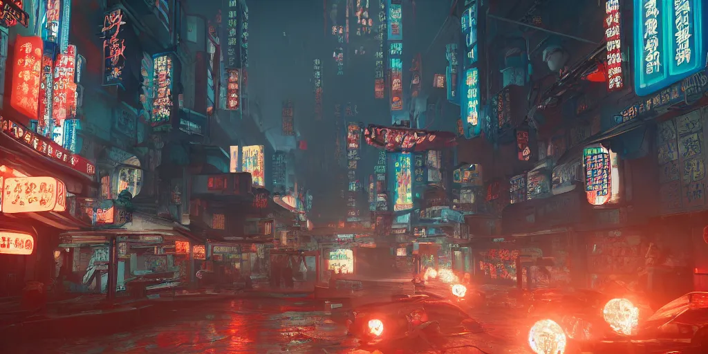 Image similar to a photo of 8k cyberpunk chinatown, cinematic lighting, trending on artstation, 4k, hyperrealistic, focused, extreme details, unreal engine 5, cinematic, masterpiece