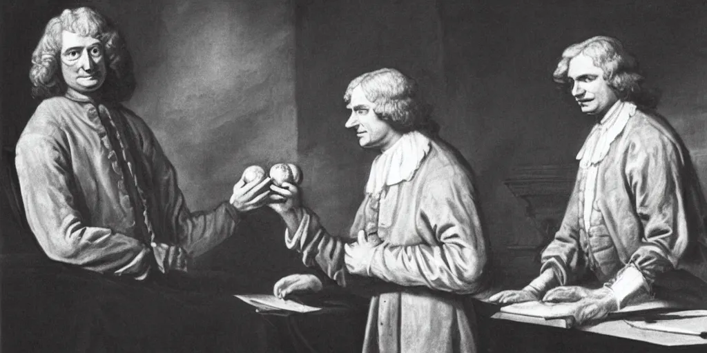 Image similar to sir isaac newton giving an apple to alan turing, hyper realistic, highly detailed, sharp focus, depth of field