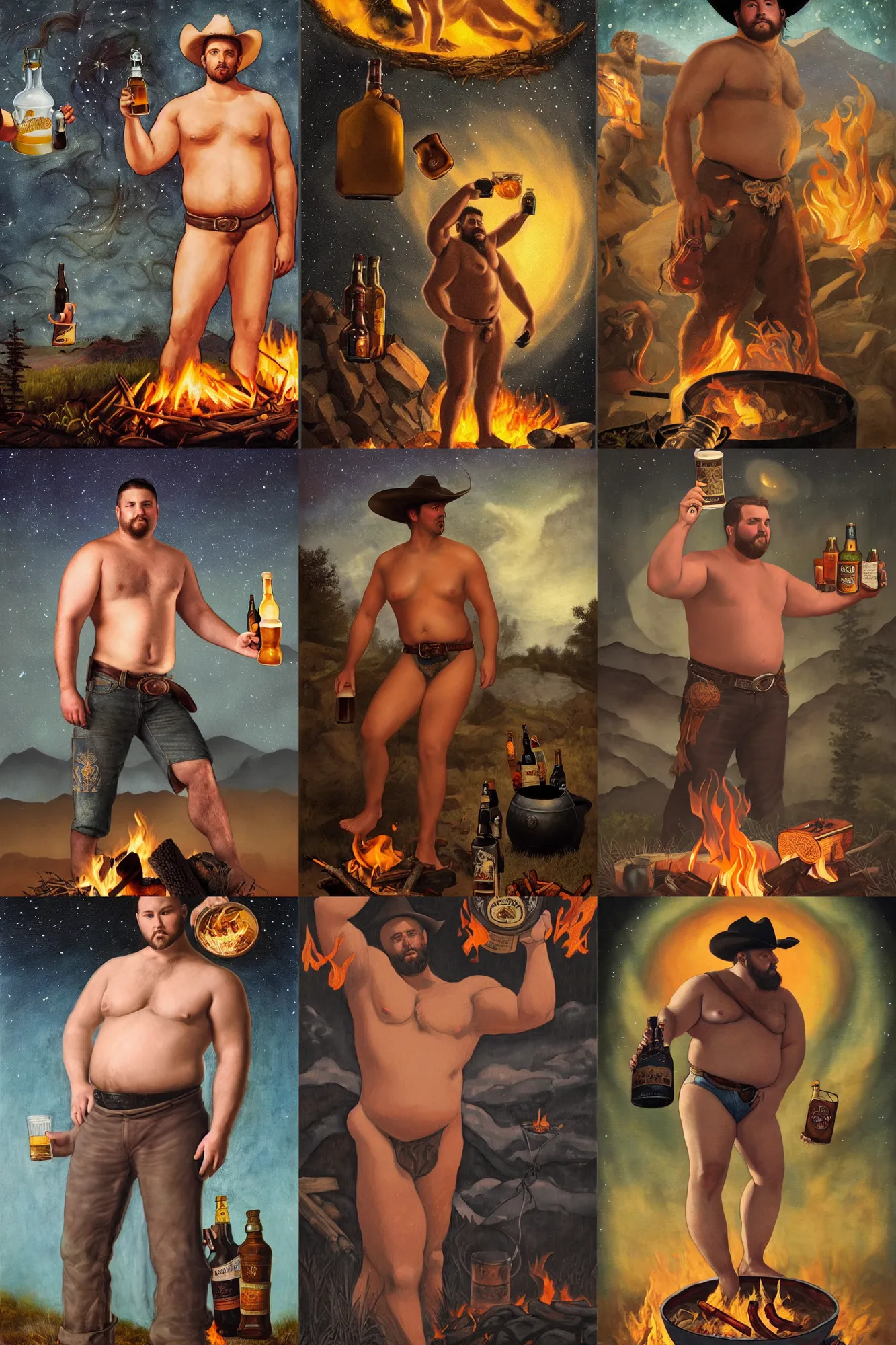 Prompt: a dramatic, epic, ethereal painting of a handsome thicc shirtless cowboy with a beer belly wearing a large belt behind a campfire | background is a dark starlit night | foreground has food and jugs of whisky | homoerotic | tarot card, art deco, art nouveau | by Mark Maggiori | trending on artstation