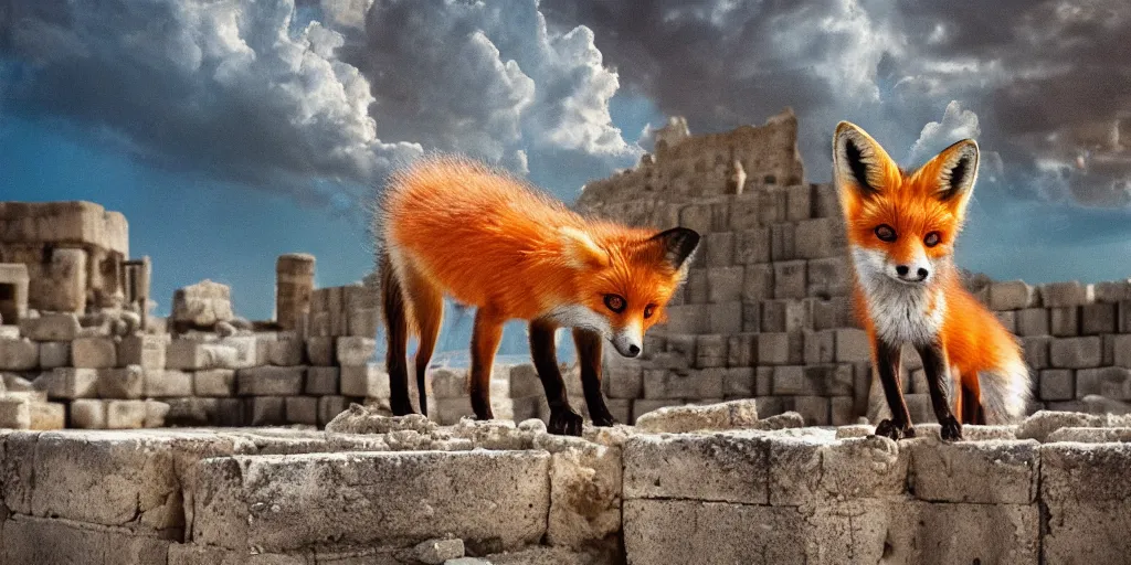 Image similar to A beautiful small fox in the huge ruins of the second temple in Jerusalem :: Dreamy sky :: The third temple hovers quietly in the sky above :: Very colorful painting 8k trending on art station :: Intricate details, very realistic, cinematic lighting, volumetric lighting, photographic blur bokeh defocus dof sky.