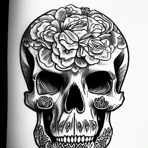 Image similar to highly detailed skull, Japanese style, tattoo ink sketch, isolated on white background