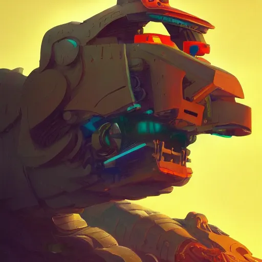 Image similar to Magnificent mecha-horse hybrid by Roger Dean, by Dean Ellis, by Anton Fadeev, magical realism, mecha, horse, oil on canvas, artstation, soft render, octane