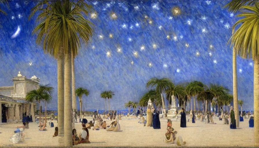 Prompt: a ultradetailed beautiful painting of the night sky of the amazonas palace balustrade designed by jules bastien - lepage, tarsila do amaral, frank weston and gustave baumann, beach, trending on artstation, mediterranean, palm trees, sharp focus, giant greek columns, soft light, 8 k 4 k