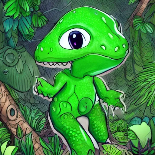 Image similar to an adorable chibi green dinosaur in a verdant primordial jungle, digital art, trending on artstation