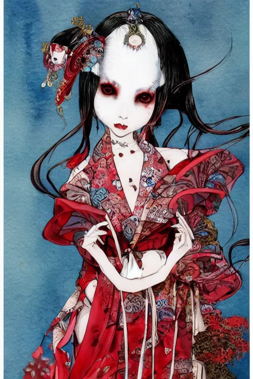 Image similar to watercolor painting of an avant - garde japanese bjd geisha vampire queen in a victorian lolita fashion red dress in the style of lovecraftian horror painted by yoshitaka amano, takato yamamoto, ayami kojima, dmt art, symmetrical vogue face portrait, intricate detail, artstation, cgsociety, artgerm, rococo