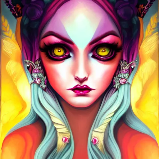 Prompt: Queen of darkness portrait inspired by jeremiah ketner, Charlie bowater, Lisa Frank