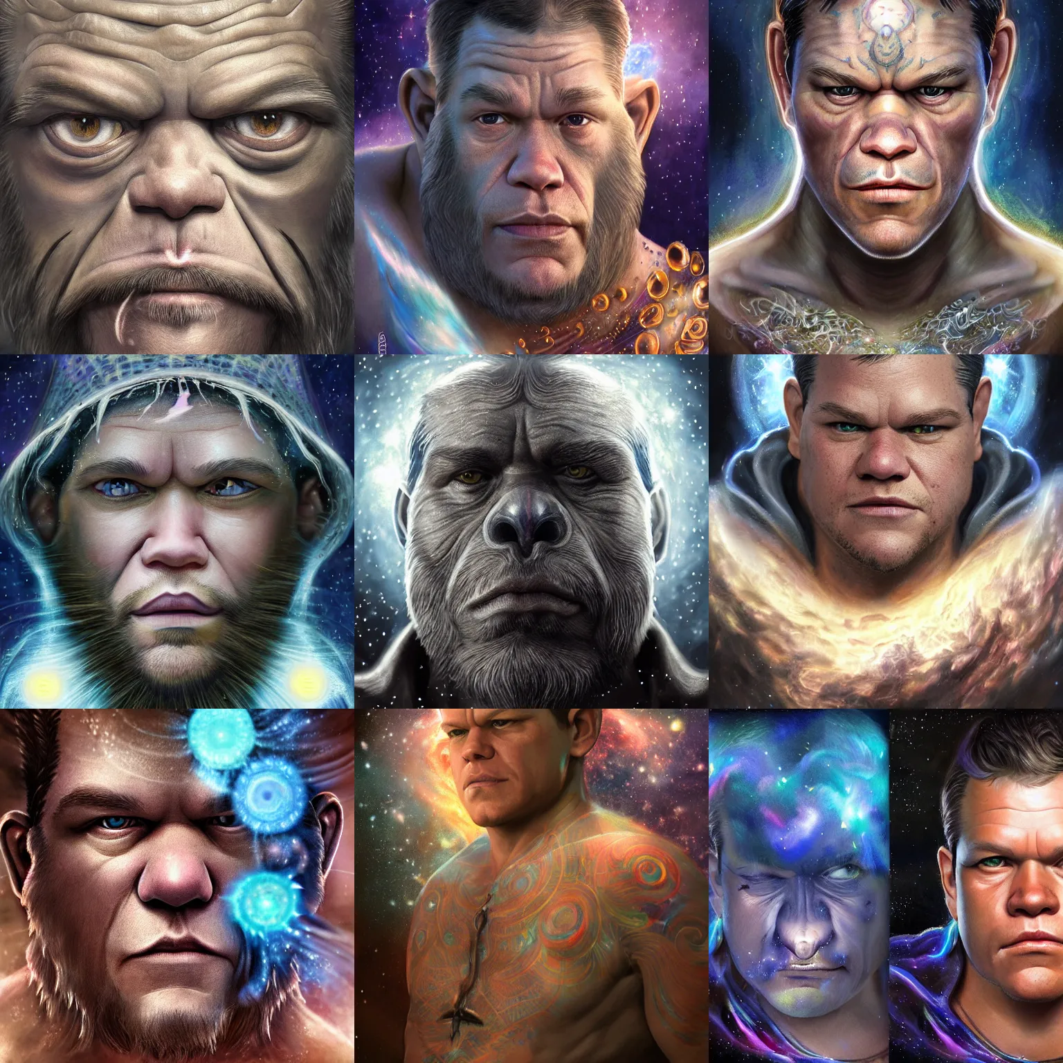 Prompt: a wlop 3 d render of very very very very highly detailed beautiful mystic portrait of a matt damon phantom ape mage with whirling galaxy around, tattoos by anton pieck, intricate, extremely detailed, digital painting, artstation, concept art, smooth, sharp focus, illustration, intimidating lighting, incredible art,