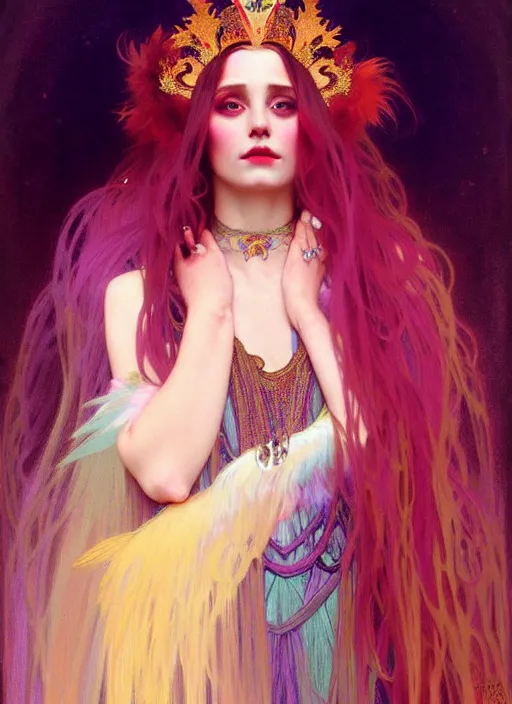 Image similar to ombre velvet gown, feathers, vivid colors, lovely dark autumn princess, portrait, long hair, tiara, jeweled choker, by alphonse mucha, brom, greg rutkowski, anato finnstark