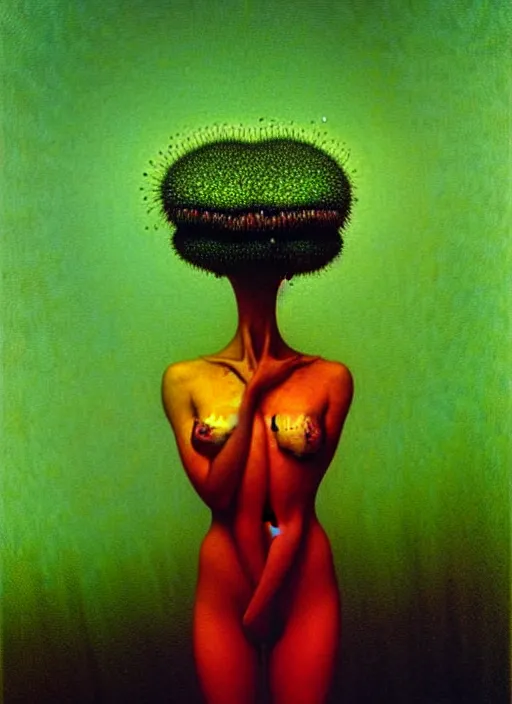 Image similar to She Eats of the Strangling Fruit and Her polyp blossoms bring iridescent fungal flowers whose spores black the foolish stars Edward Hopper and James Gilleard, Zdzislaw Beksinski, Mark Ryden, Wolfgang Lettl highly detailed